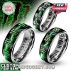Green black silver custom rings, Monster Energy claw, skull, Fox Racing logos on a lightning background, 'MONSTER ENERGY' and 'YOUR NAME' text!