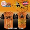 Orange Naruto x LA Dodgers baseball jersey! Features Kurama & Dodgers logo, anime-inspired streetwear.!