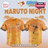 Orange Naruto Blue Jays baseball jersey with cloud design. Text: Naruto Night, Blue Jays, Naruto Shippuden!