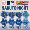 Naruto Night Baseball Jerseys: Blue, white clouds, featuring Naruto, Blue Jays, Rangers, Dodgers, and Miami team logos!