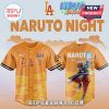 Orange Naruto Dodgers jersey: front shows 'Dodgers', back has Naruto art. Text: 'Naruto Night'!