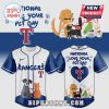Front and back view of a baseball jersey with a Texas Rangers and National Love Your Pet Day theme.!