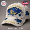 Distressed white baseball cap with royal blue accents! Features gold embroidered 'GOLDEN STATE' text, a bridge logo, and 'WARRIORS' on the brim!