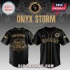 Black baseball jersey: 'Onyx Storm', 'Sorrengail', 'Rockies'. Gold accents, gothic font! Retro design!