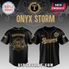 Black & gold baseball jersey featuring 'Onyx Storm' text! Retro style with 'Rangers' on front, custom name 'Sorrengail' on back!