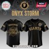Black baseball jersey featuring Giants logo, SORRENGAIL & ONYX STORM text in gold, detailed graphic print design.!