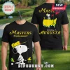 Black tee with cartoon Snoopy playing golf! Text: Masters Tournament, Sunday in Augusta! Yellow, green, red details!