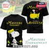 Black tee: Snoopy golfing, Masters Tournament, Sunday in Augusta text, retro cartoon design, yellow, white, green, red!