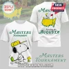 White tee shows Snoopy golfing, Masters Tournament text, retro style, green and yellow colors!