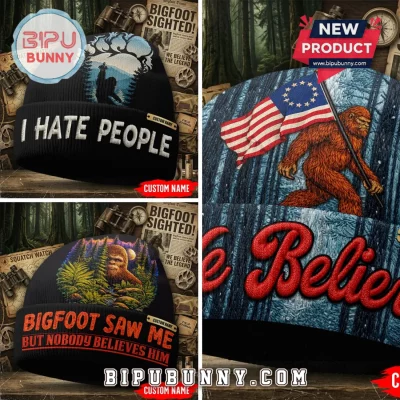 Personalized Bigfoot We Believe American Flag Winter Beanie Hat