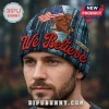 Blue beanie with retro 'We Believe' text, American flag, Bigfoot, and custom 'Chris Wilson' name tag!