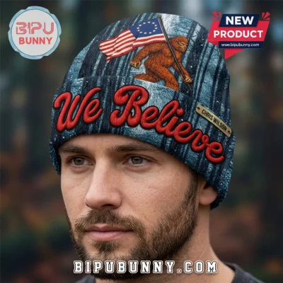 Personalized Bigfoot We Believe American Flag Winter Beanie Hat