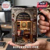 Black mug with realistic retro 3D diorama of a stone storefront saying 'Your Name Darts Shop', featuring dartboard and equipment!