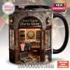 Black mug with a realistic 3D miniature 'Your Name Darts Shop' facade design, showing darts, dartboard, and shirts!