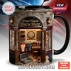 Black handle mug with 3D-effect vintage stone dart shop graphic featuring 'Your Name Darts Shop' text, dartboard, and darts!