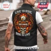Black vest: Eagle, flames, skull, Harley-Davidson logo. Text: LIVE TO RIDE, RIDE TO LIVE. Biker style!