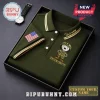 Olive green custom polo with US flag, gold collar, Snoopy in US Army camo, 'Your name' script, 'SNOOPY' print!