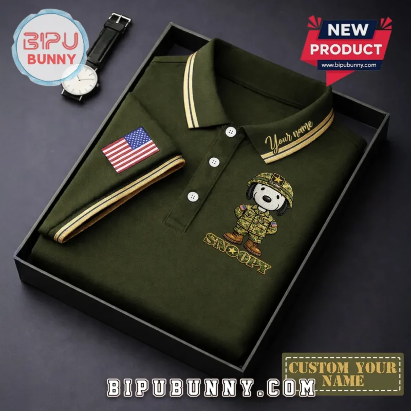 Personalized Snoopy US Army Veteran Patriotic Green Polo Shirt