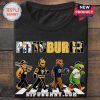 Black tee: PITTSBURGH text, city mascot art crossing street, gold, black, green, brown, and white retro design!