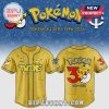 Yellow baseball jersey featuring 'Pokemon' logo, 'Twins' text, Pikachu, and sketches of various Pokemon characters.!