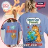 Blue Garfield tee: I Heart Earth, Save Our Planet! Cartoon style. Bipubunny logo!