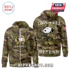 Camouflage zip hoodie with Snoopy U.S. Army design! Text: THIS WE'LL DEFEND, Snoopy, U.S. Army!