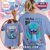 Blue tee featuring cartoon Stitch with Earth. Text: 'SAVE OUR PLANET', 'SMALL ACTS BIG IMPACT', 'Happy Earth Day!'!