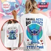 White t-shirts with Stitch cartoon graphic and text: Save Our Planet; Small Acts Big Impact; Happy Earth Day!