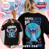 Black tee with cartoon Stitch hugging Earth; text: Save Our Planet; Small Acts Big Impact; Happy Earth Day!