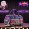 Purple duffel bag featuring Prince-themed designs, including guitars, the Purple Rain album cover, and song titles!