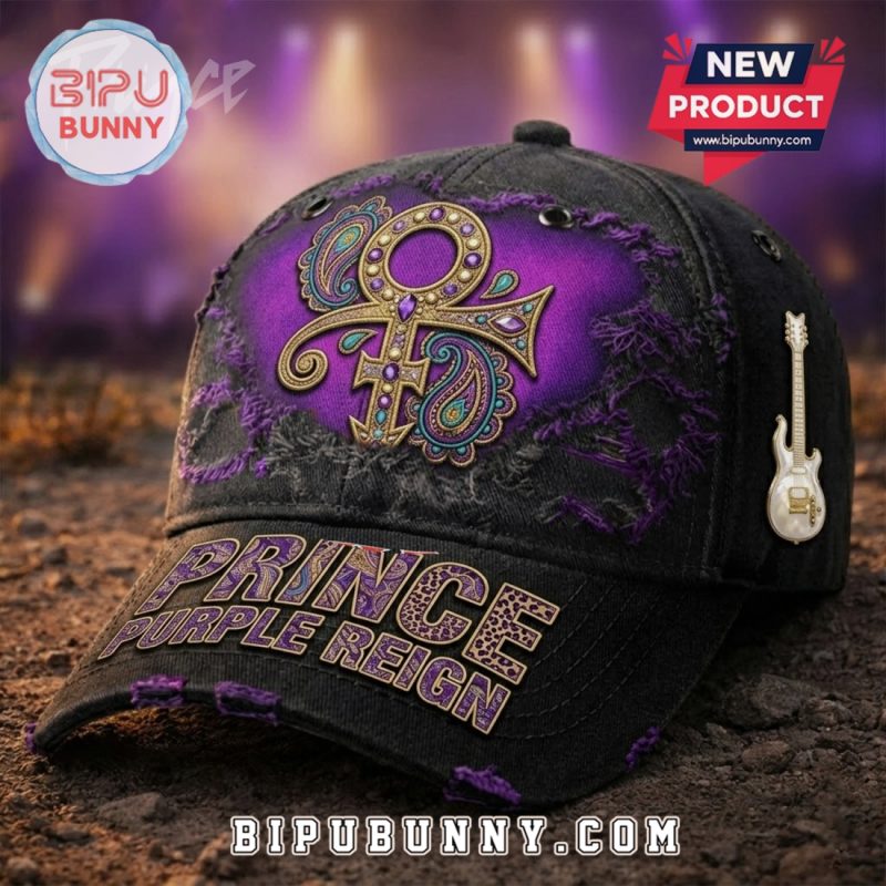 Prince Purple Reign Emblem 3D Premium Style Distressed Black Baseball Cap