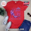 Red t-shirt with purple text, butterflies, high heel, and crown graphic that reads, 'A Queen was born in April'.!