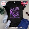 Black tee with 'A Queen was born in April. Happy Birthday to me!' text, purple high heel, crown, and butterfly graphics.!