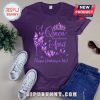 Purple t-shirt with the text 'A Queen was born in April, Happy Birthday to Me!', a crown, butterflies, and a shoe.!