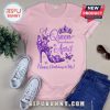 Pink tee with the text 'A Queen was born in April. Happy Birthday to Me!' with a crown, butterflies, and a high heel.!