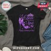 Black t-shirt with purple text: A Queen was born in April. Butterfly heel and crown graphic. Happy Birthday to me!