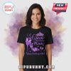 Black t-shirt with the text 'A Queen was born in March' and a purple high heel butterfly graphic.!