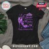 T-shirt with a purple butterfly high heel, crown, and the text 'A Queen was born in March. Happy Birthday to Me!'!