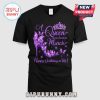 Black V-neck T-shirt with purple graphic: A Queen was born in March, with crown, butterflies and heel. Happy Birthday to Me!