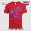 Red V-neck shirt with purple graphic: 'A Queen was born in March' above a shoe with butterflies and crown.!