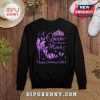 Black sweatshirt with 'A Queen was born in March. Happy Birthday to Me!' in purple with a crown and butterfly shoe.!