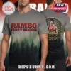 Gray Rambo First Blood movie retro t-shirt! Red text, misty forest graphic front! Back features Rambo portrait, bullets, 'NOTHING IS OVER!'!