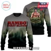 Grey Rambo First Blood sweatshirt with red text, dark green forest graphic, Rambo image, 45th Anniversary 1982-2027, Nothing is Over!