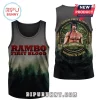 Gray Rambo First Blood tank! Green forest! Rambo graphic! Text: RAMBO FIRST BLOOD, 45th ANNIVERSARY, NOTHING IS OVER!