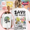 White tee with Spongebob print: Save the Ocean, Love the Earth text. Cartoon style!
