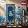 Squirtle character art on a blue stainless steel tumbler with the text 'Flow With Power' and matching box.!