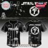 The design features a black baseball jersey with 'Phillies' and a 'P' logo, combined with Star Wars elements like spaceships and stormtroopers.!