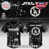 Black baseball jersey featuring Star Wars & LA Dodgers mashup design with stormtroopers, space ships, and 'Dodgers' text.!