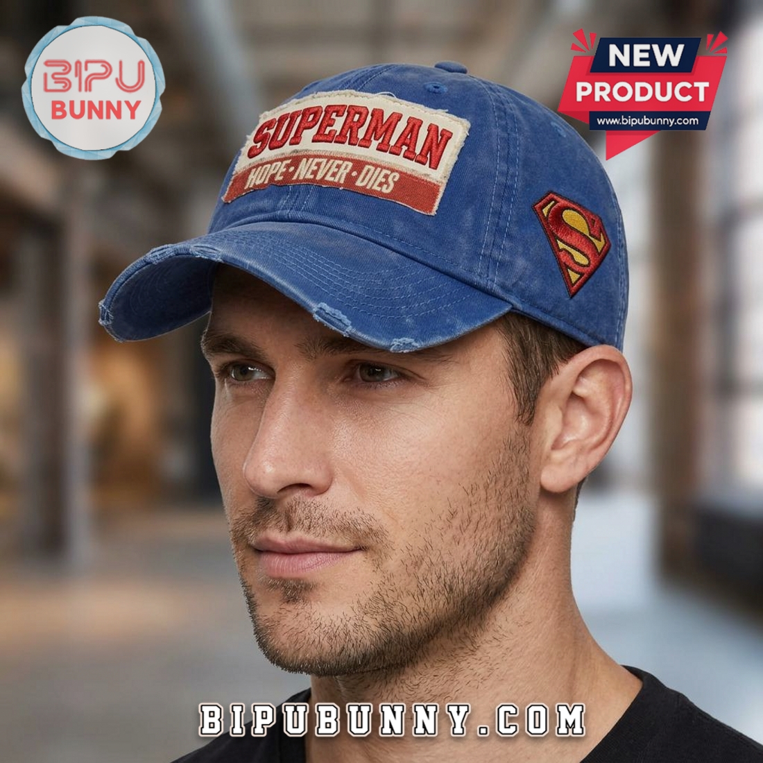 Superman Hope Never Dies Embroidered Distressed Cotton Baseball Cap Superman Hope Never Dies Embroidered Distressed Cotton Baseball Cap