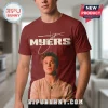 Burgundy tee shows Ty Myers signature and face! White text on dark red, casual style!